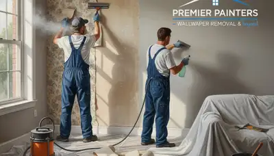 Columbus, OH painters removing wallpaper to prepare walls for painting