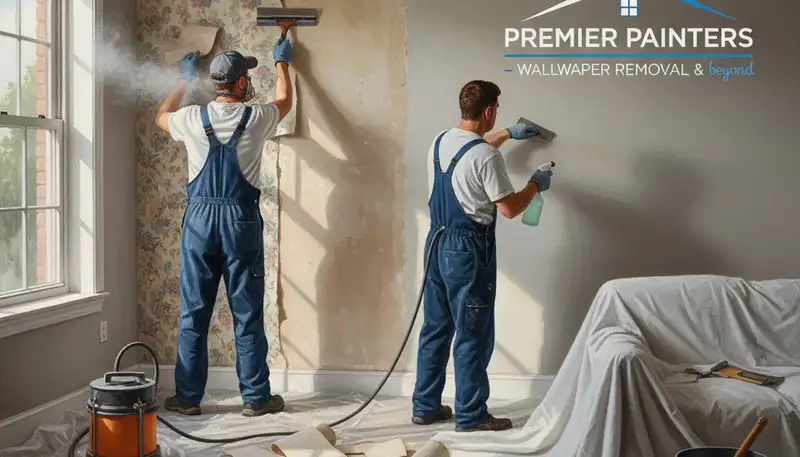 Columbus, OH painters removing wallpaper to prepare walls for painting