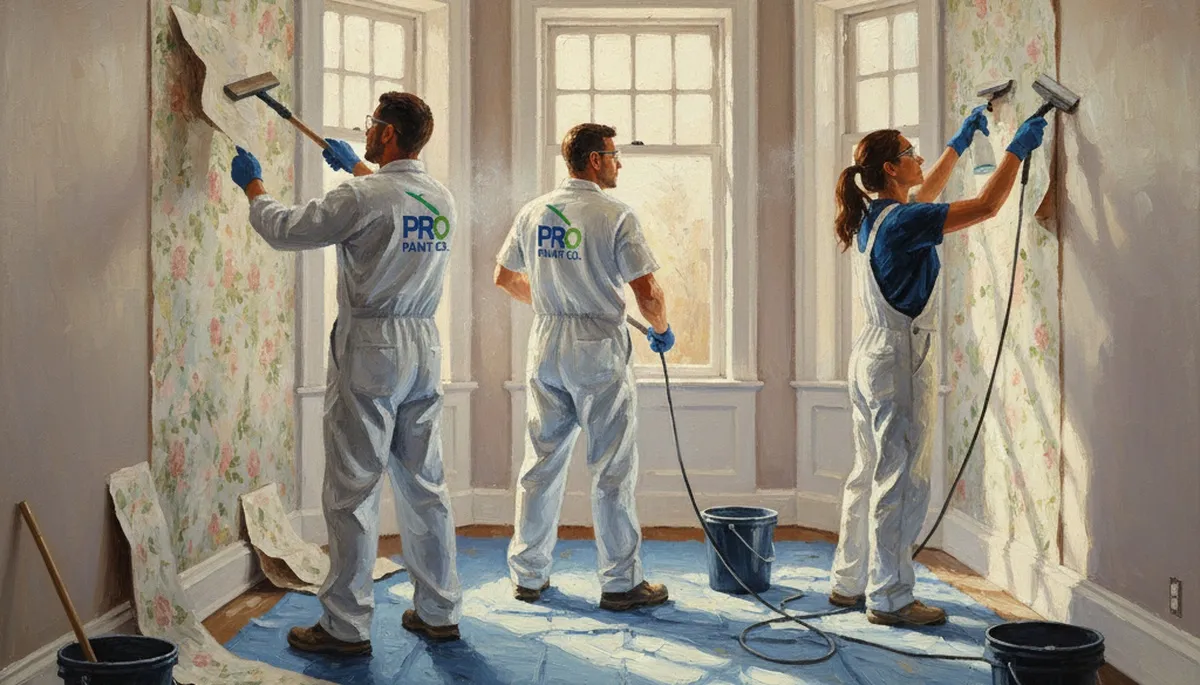 Columbus, OH painters removing old wallpaper to prepare walls for repainting