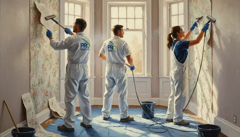 Columbus, OH painters removing old wallpaper to prepare walls for repainting