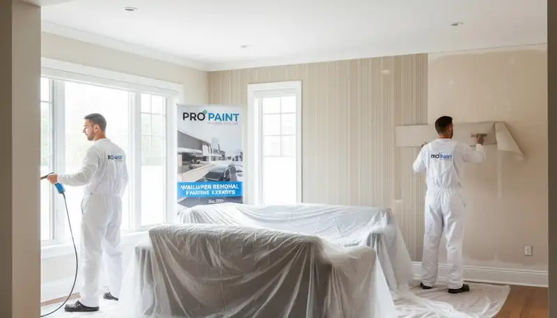 Columbus Paint Pros removing old wallpaper in Columbus, OH, preparing walls for painting